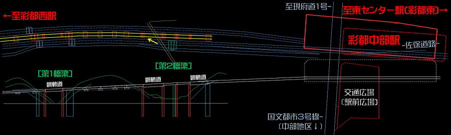 大阪モノレール彩都線延伸ルート 彩都西から中部駅間概略図