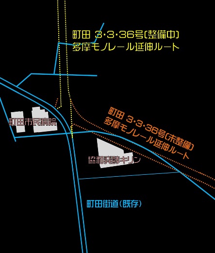 多摩モノレール延伸ルートの旭町陸橋付近における概略図